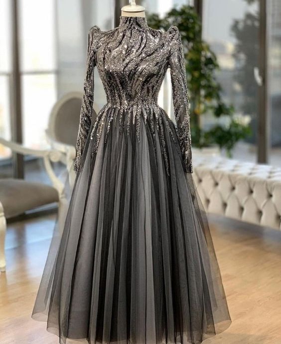 Black prom dresses high neck long sleeve a line evening dresses