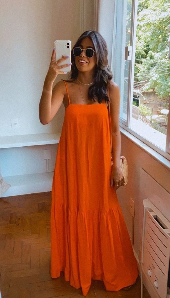 Simple orange evening dresses, long prom dress