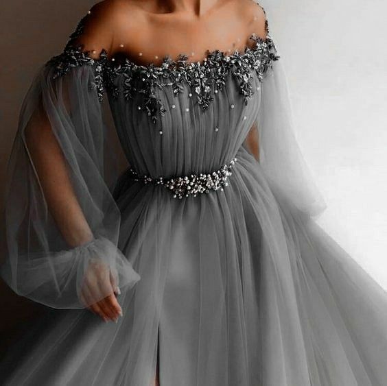 Gray Evening Dress, Off The Shoulder Prom Vintage Dress