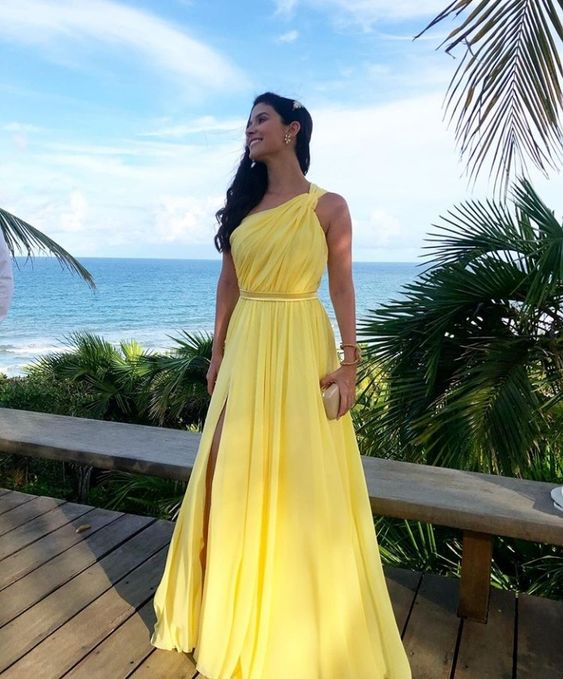Yellow One Shoulder Long Prom Evening Dresses ,Sexy Prom Dress