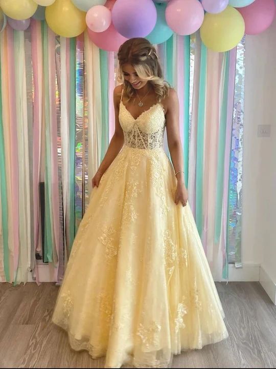 Yellow A line tulle lace long prom dress yellow tulle long party dress