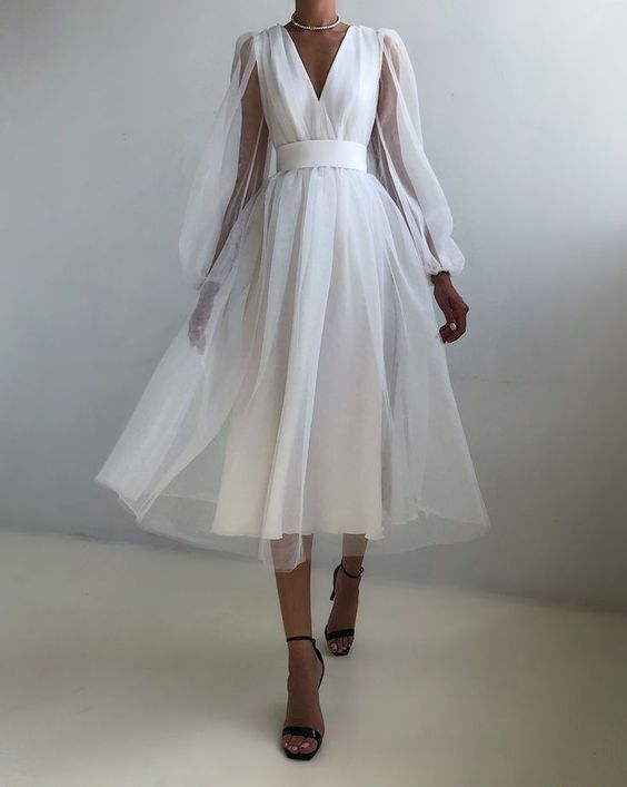 Graduation dress Short A-Line Prom Dresses V-Neck Long Puff Sleeve Tulle Formal Wedding Evening Party Dresses For Graduation - FashionDia