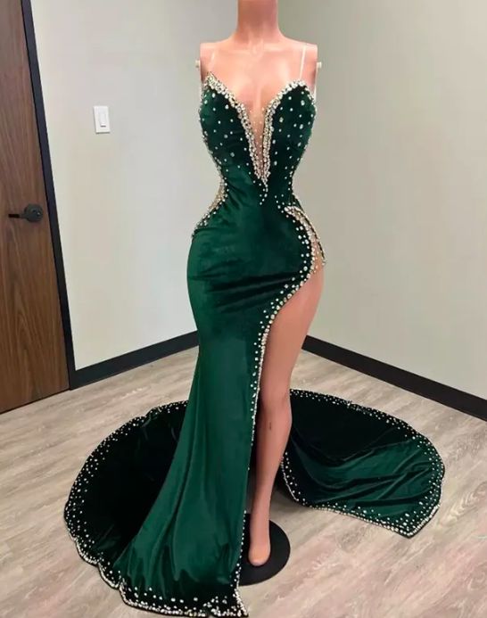 Hunter Green Velvet Prom Dresses African aso ebi Mermiad Evening Dress With Cape Slit Spaghetti Sparkly Beaded
