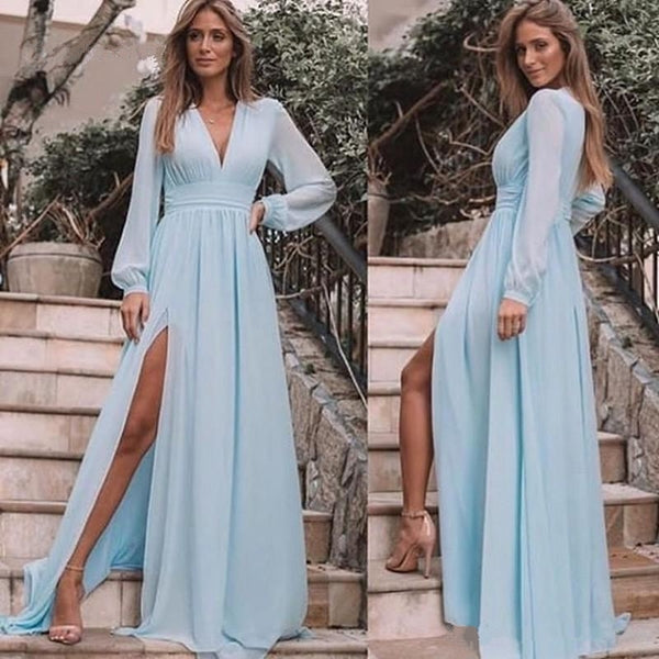 A-Line Chiffon Long Sleeves V-Neck Formal Evening Dresses Party Gowns