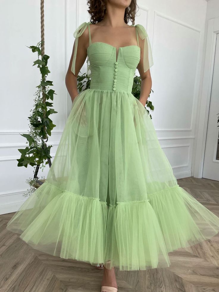 Simple Green Tulle Tea Length Prom Dress, Green Evening Dress
