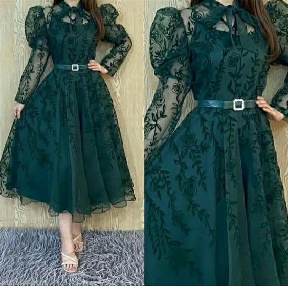 Green A line tulle lace prom dress tulle party dress