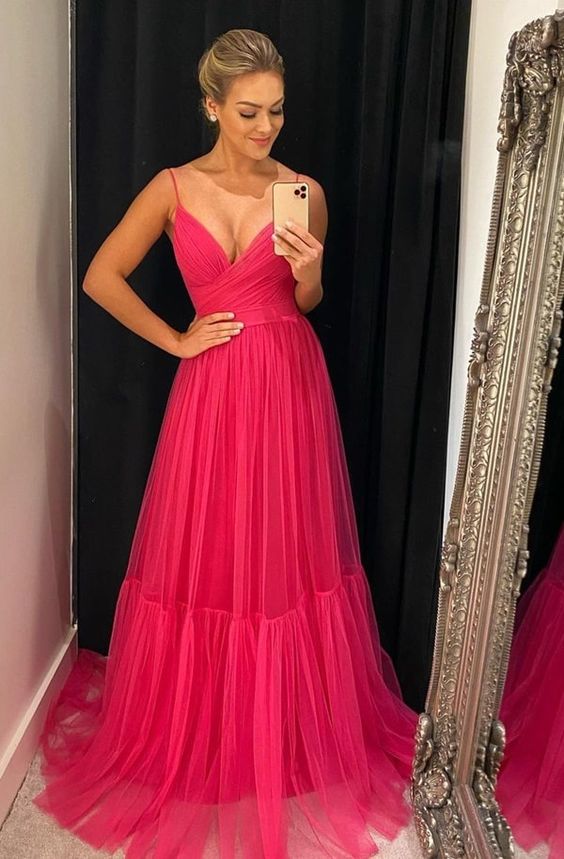 Hot Pink Tulle Prom Dresses Long Evening Gowns