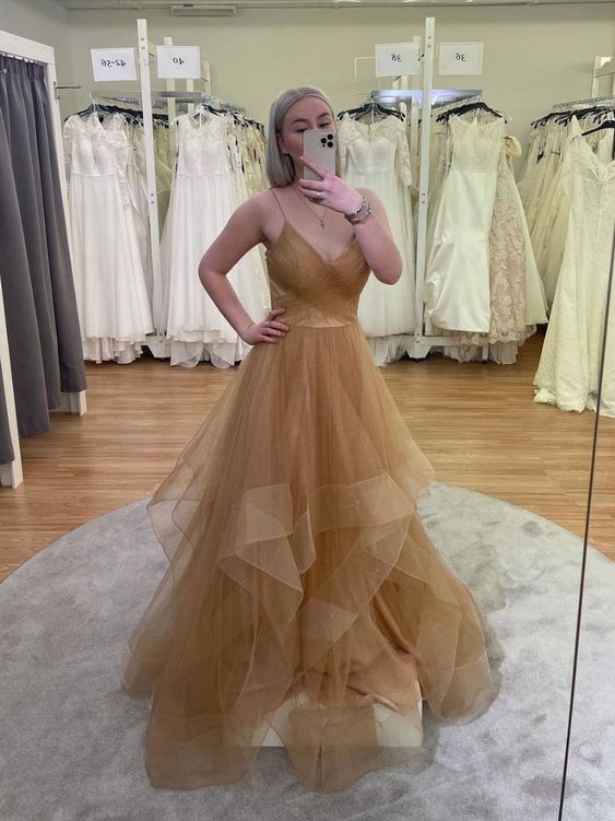 Gold V-Neck tulle sequin long prom dress gold evening dress - FashionDia