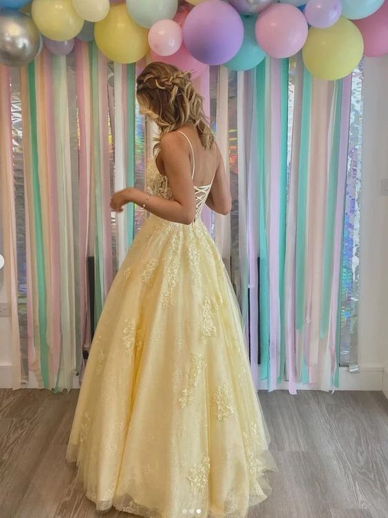 Yellow A-Line tulle lace long prom dress yellow tulle long party dress - View 2 | FashionDia