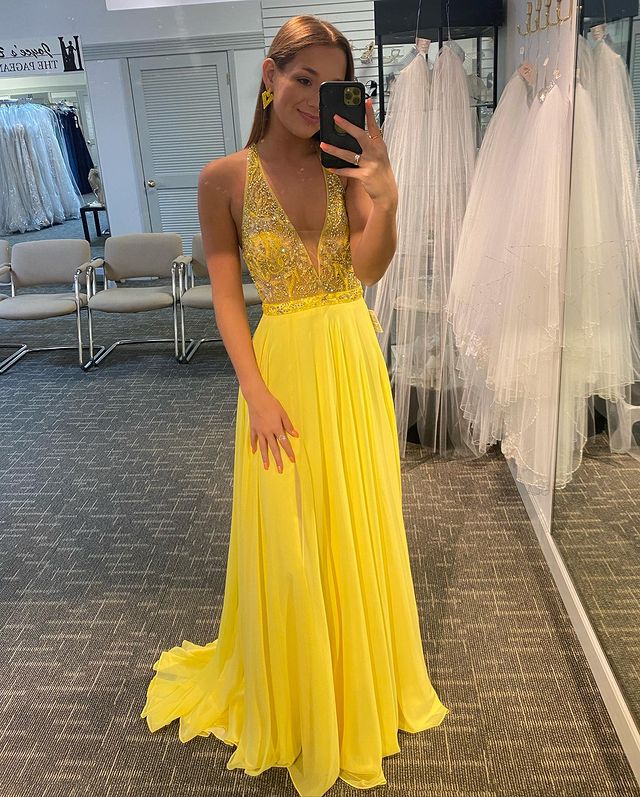 Cute A-Line V-Neck Straps Yellow Chiffon Prom Dresses with Beading, Split Party Dresses - FashionDia