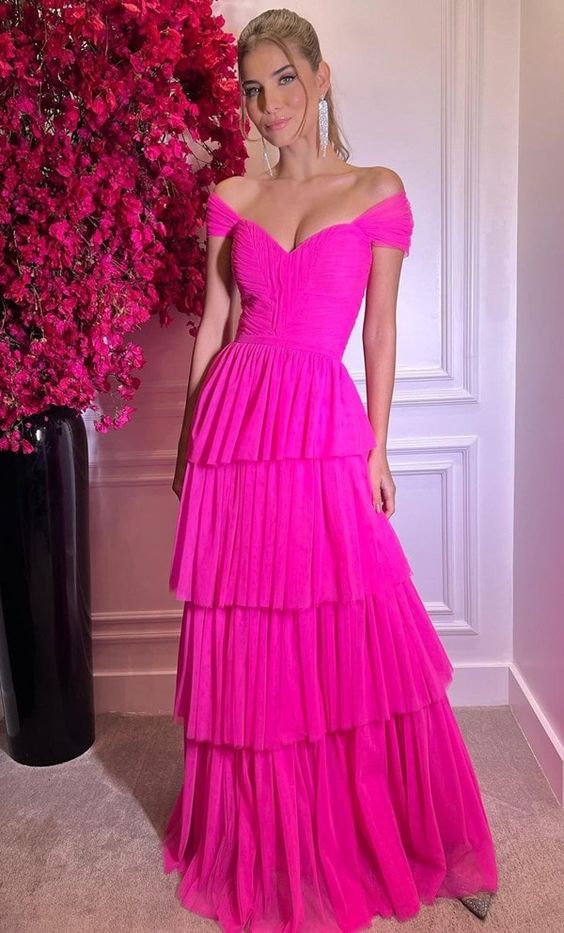 Hot Pink Off The Shoulder Prom Dresses Long Evening Gowns