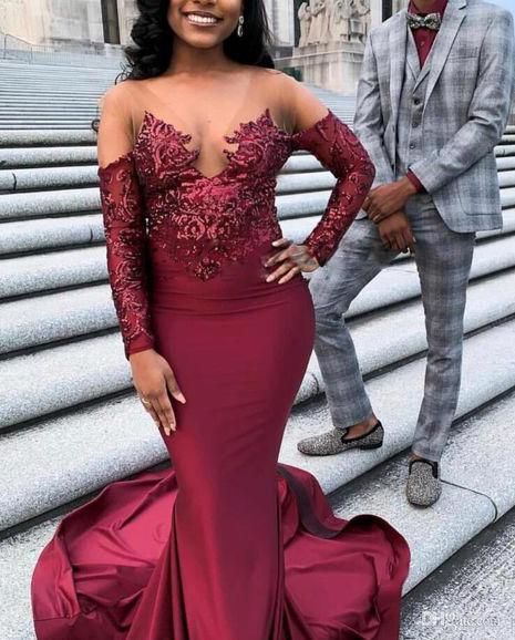 2023 Mermaid Burgundy Long Sleeves Stretchy Long With Appliques Prom Dresses