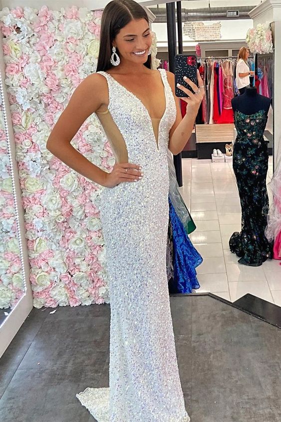 White Sequin V-Neck Mermaid Long Formal Dress,Sparkly Prom Dresses - VelvetHem