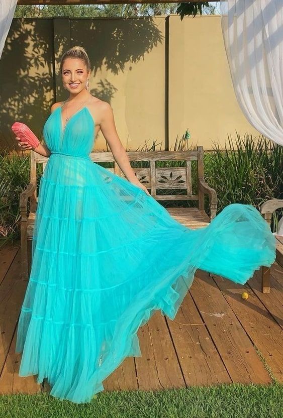 A-line Spaghetti Straps V-neck Tulle Long Formal Evening Dress