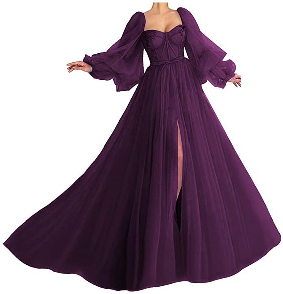 Puffy Sleeve Prom Dress Sweetheart Tulle Ball Gown with Split Princess Wedding Formal Evening Gowns - FashionDia