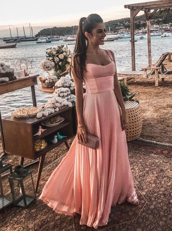 A Line Pink Long Prom Dresses Party Evening Gowns