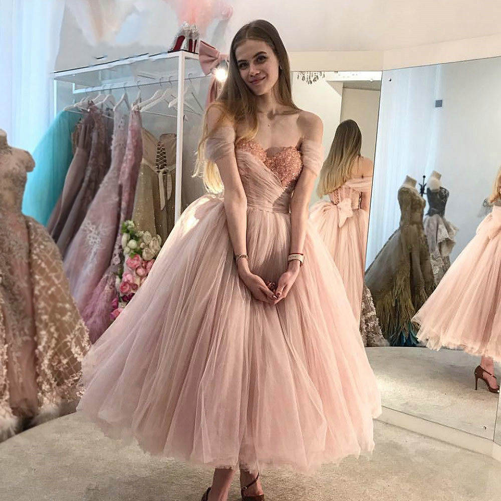 Off the Shoulder Pink Beaded Long Prom Dress