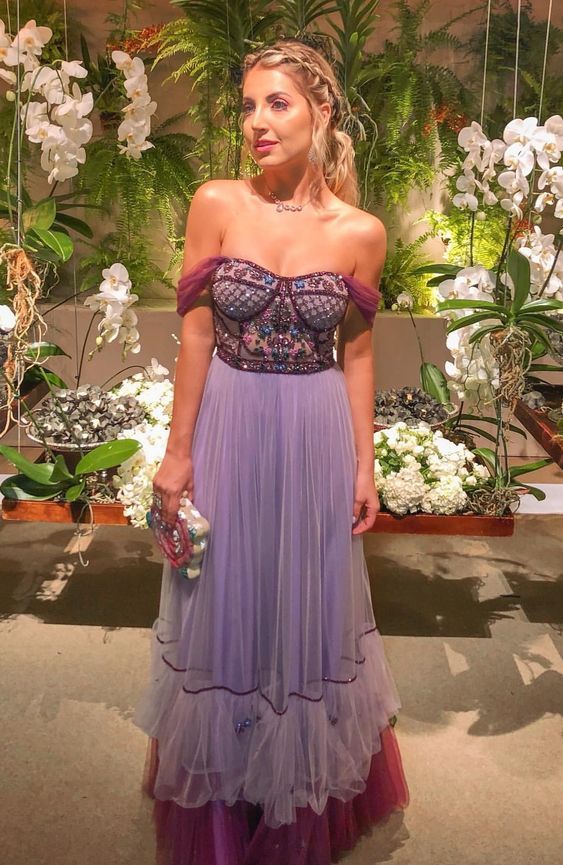 Prom Dresses WIth Beading A-Line Tulle Long Off the Shouder Evening Party Dresses - FashionDia