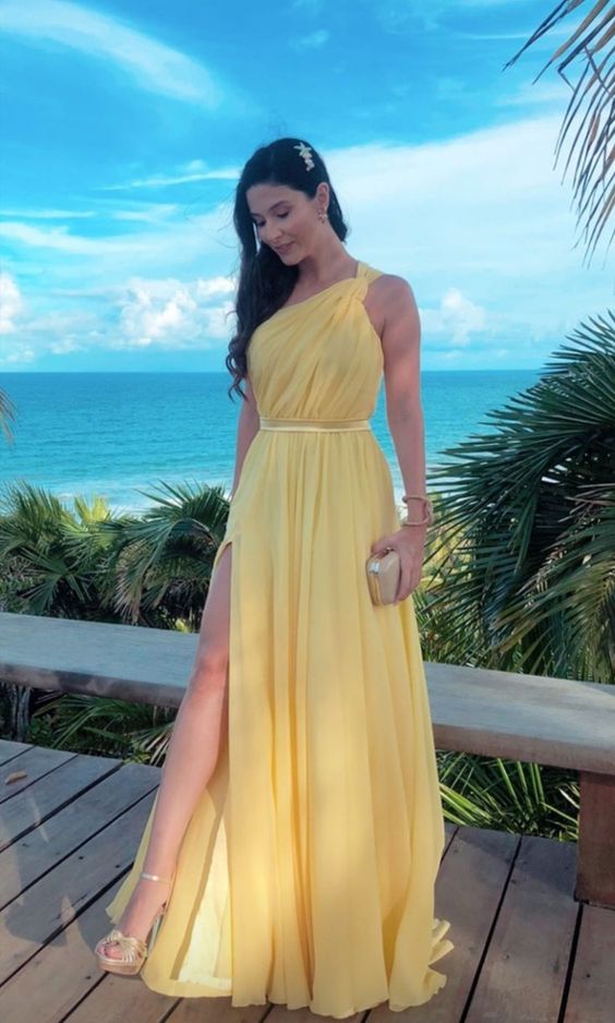 Yellow One Shoulder Long Prom Evening Dresses ,Sexy Prom Dress
