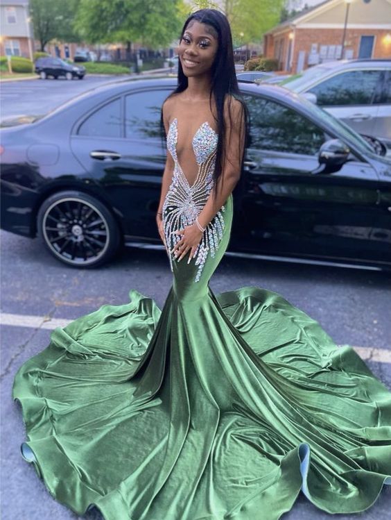 2023 Mermaid Long Green Beaded Prom Dresses Party Dress