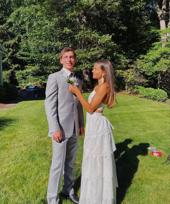 White Two Piece Long Prom Dress, Sexy Prom Dress - FashionDia