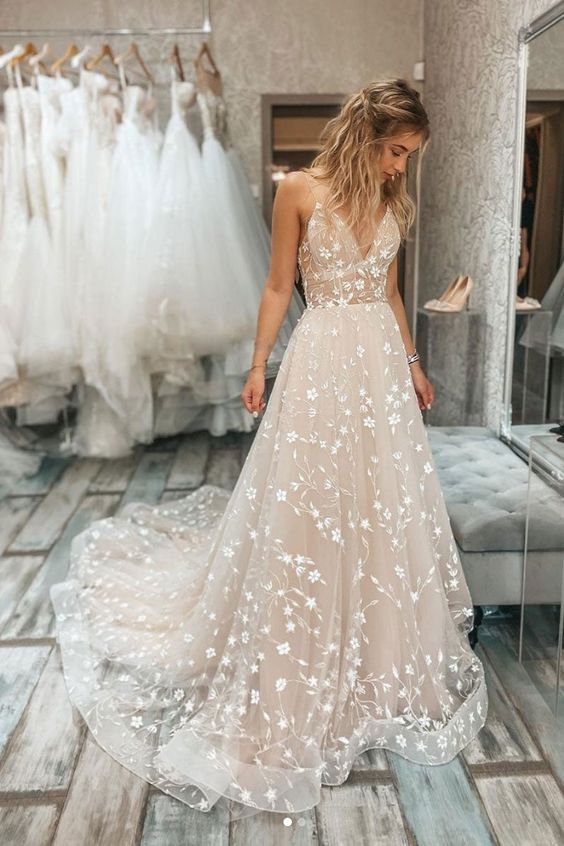 Champagne V-Neck tulle lace long prom dress champagne evening dress - FashionDia