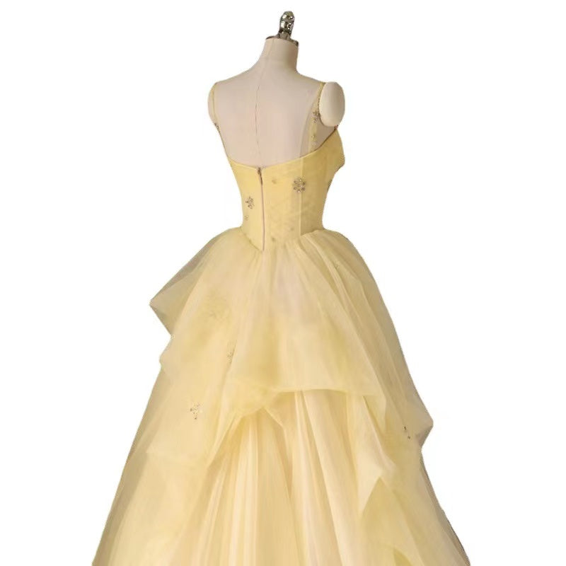 Simple party dress, birthday fairy dress, socialite senior yellow prom dress