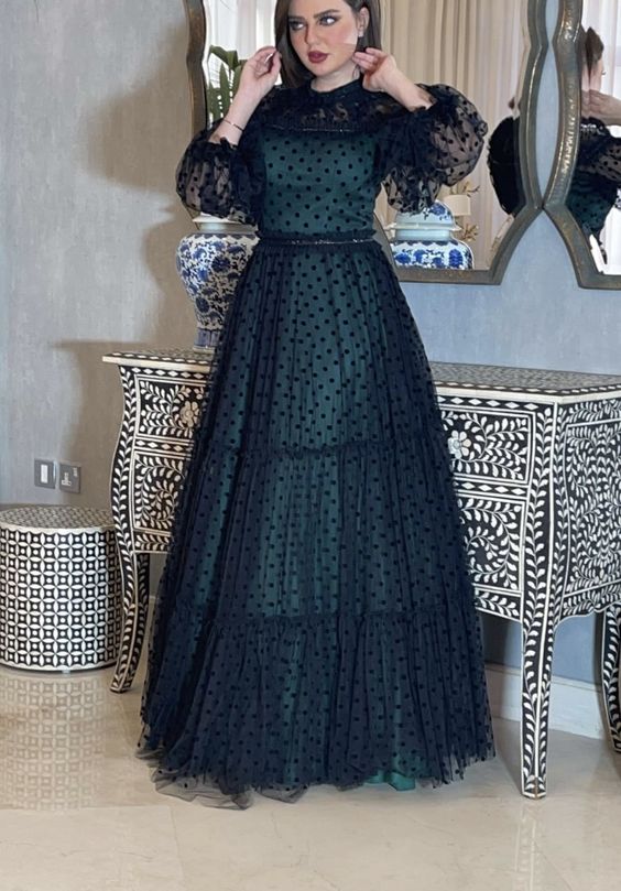 Black prom dresses long sleeve a line evening dresses