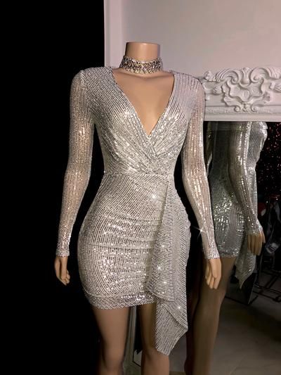 Silver Sequin Short Party Dress,Cocktail Dresses