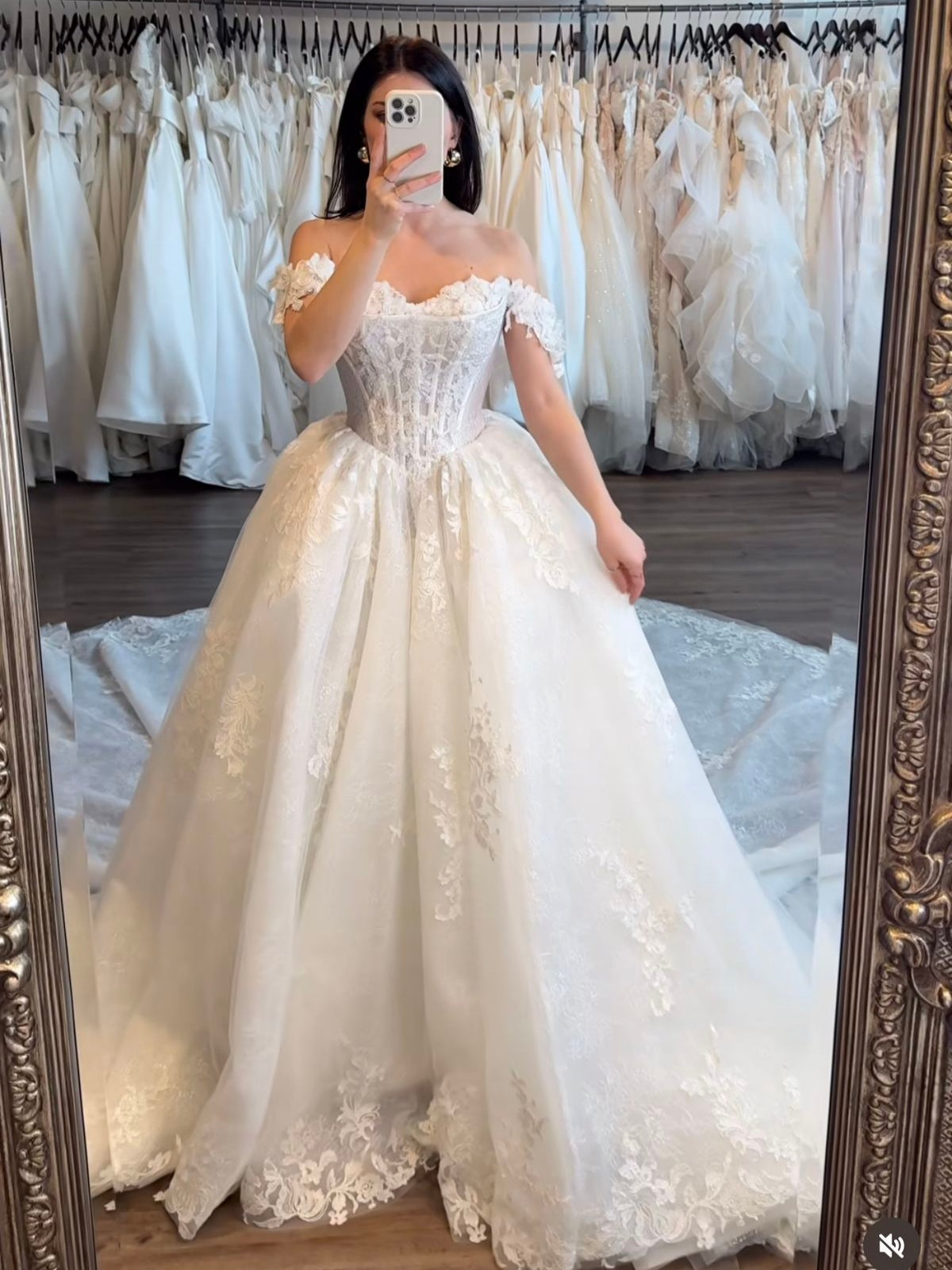 Off-the-Shoulder Corset Ball Wedding Gown with Floral Lace Appliques - VelvetHem