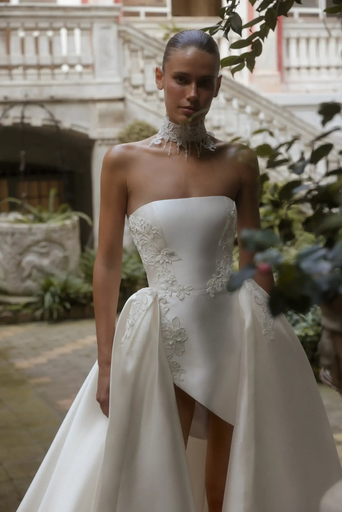 Luxury White Satin Strapless High Slit Ball Gown Wedding Dress with Choker ZP118