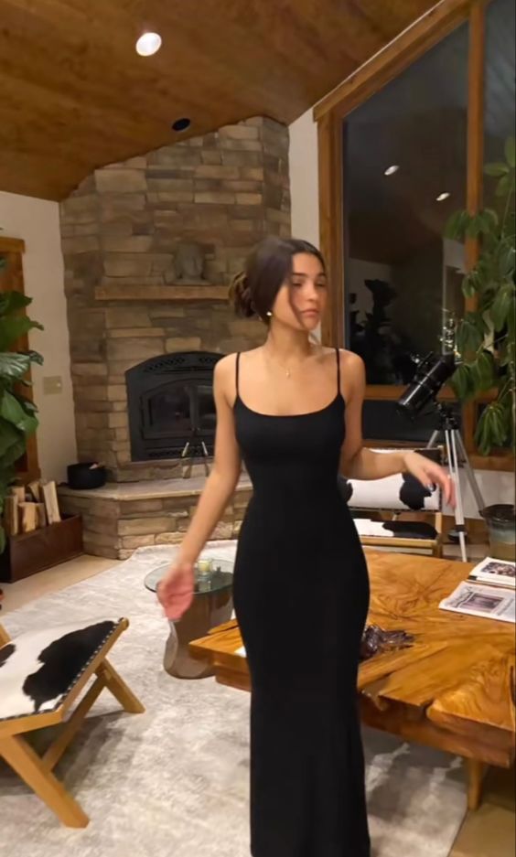 Spaghetti Straps Long Prom Dress Simple Prom Dress Classic Black Evening Dress - View 2 | FashionDia
