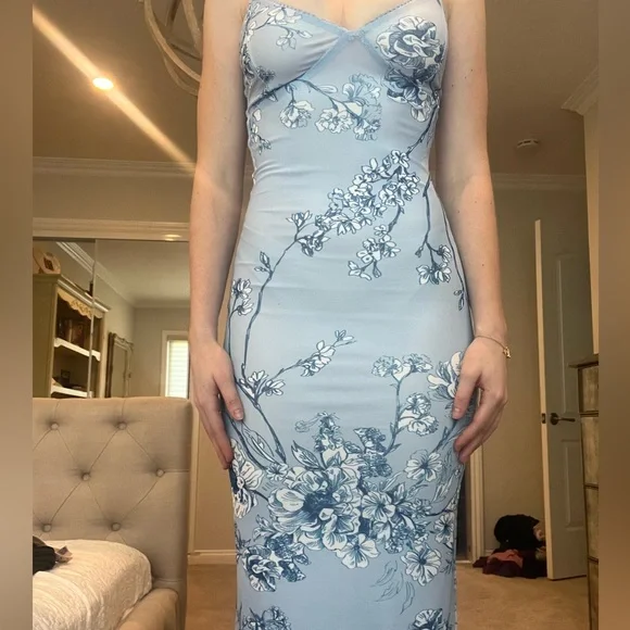 Unique Mermaid Blue Print Prom Dress Long Party Evening Dress - View 2 | FashionDia