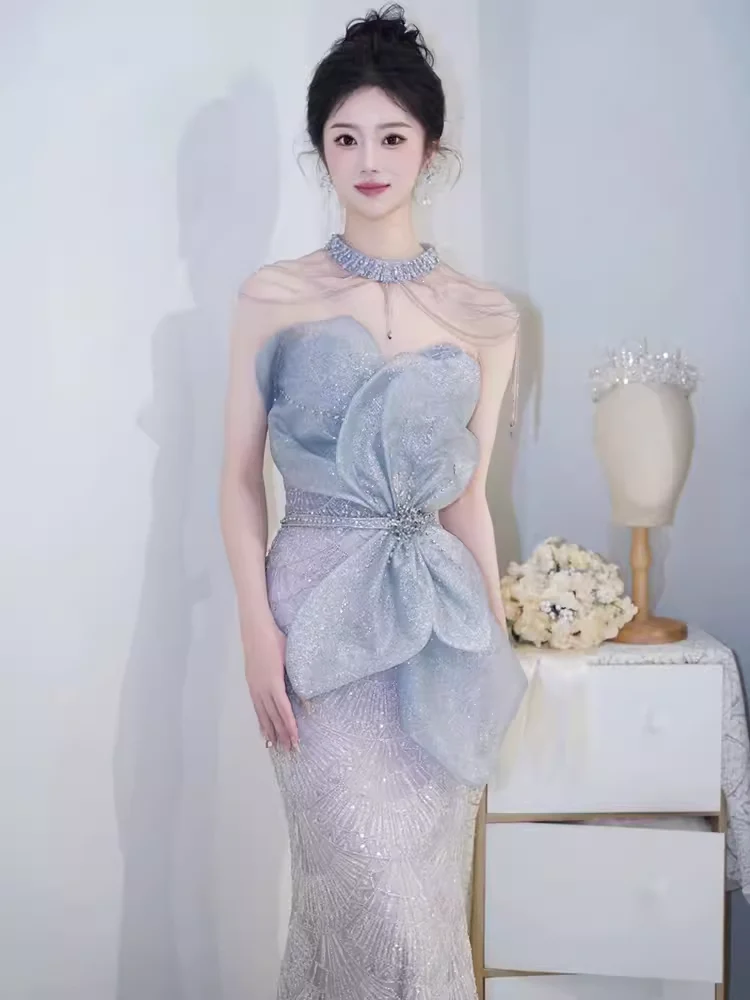 Mermaid High Neckline Sequin Long Evening Dress Beads Prom Dress - View 2 | FashionDia
