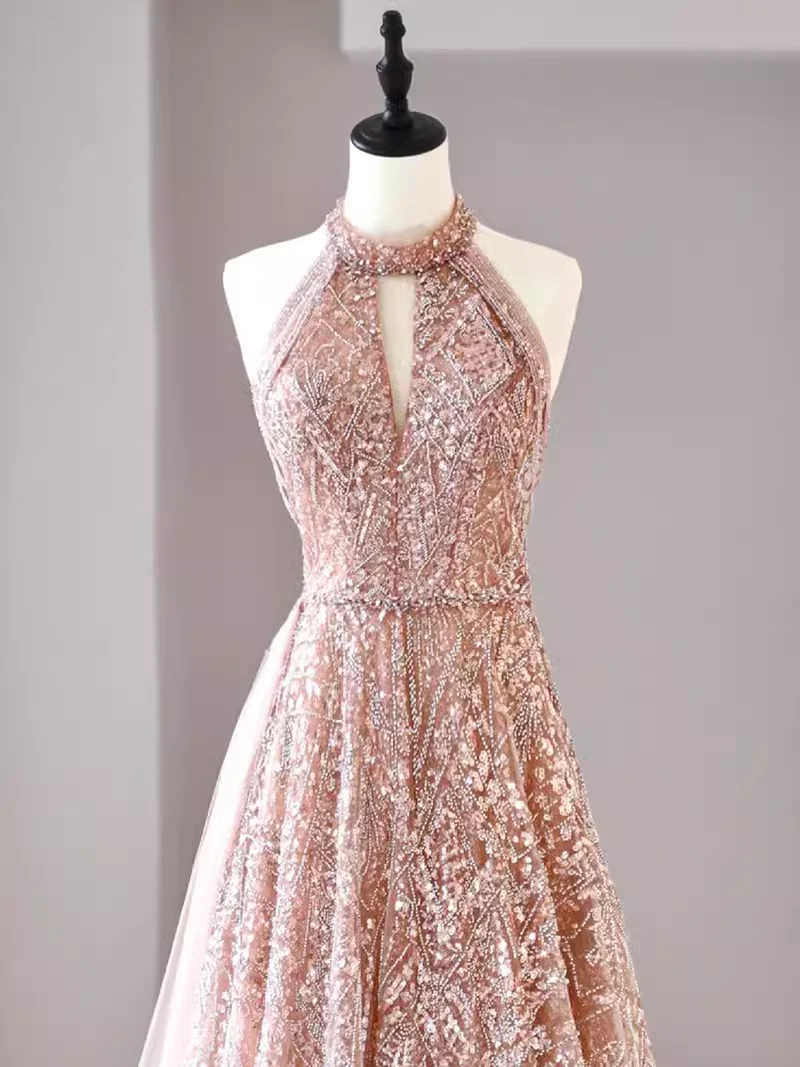 A Line High Neckline Sequin Long Evening Dress Beads Prom Dress