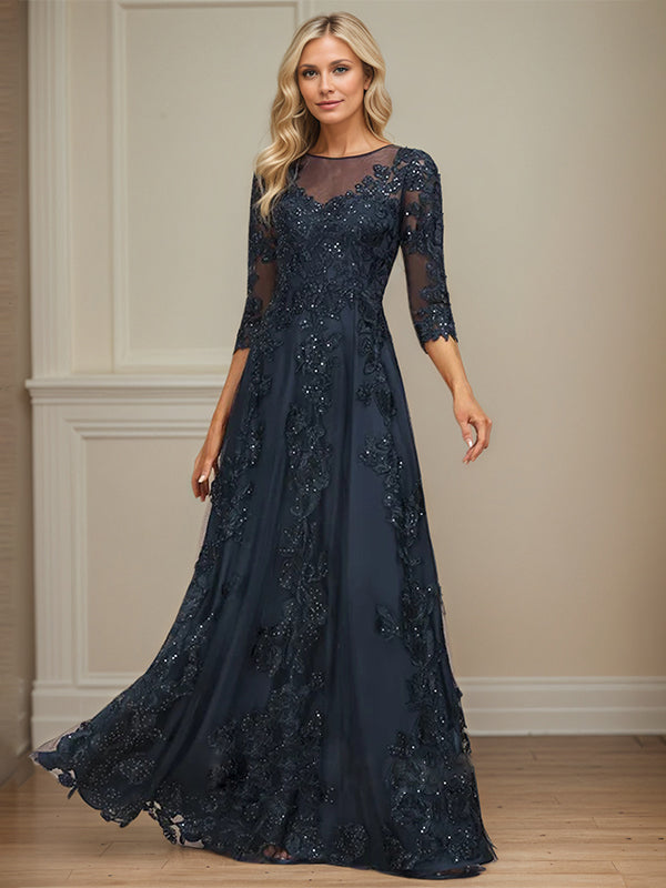 A-line Scoop Illusion Floor-Length Tulle Lace Mother of the Bride Dress With Sequins - VelvetHem