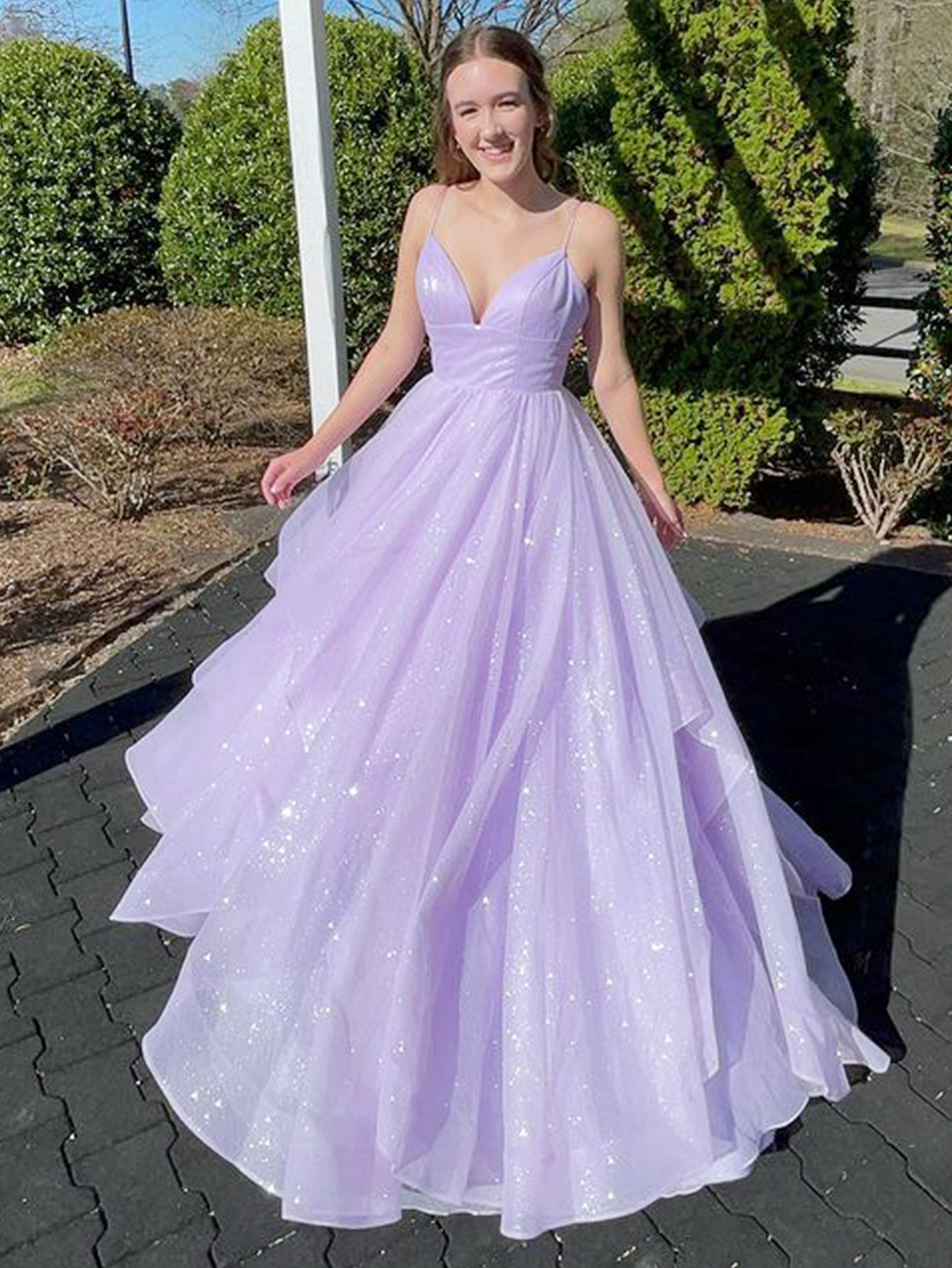 A Line Ruffles Tulle Spaghetti Straps Long Prom Dress - Fashionpara