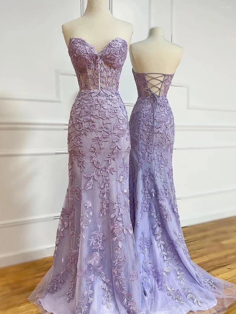 Lace Mermaid Dress Long Sweetheart Formal Evening Lace Up Back Party Dress - View 3 | FashionDia