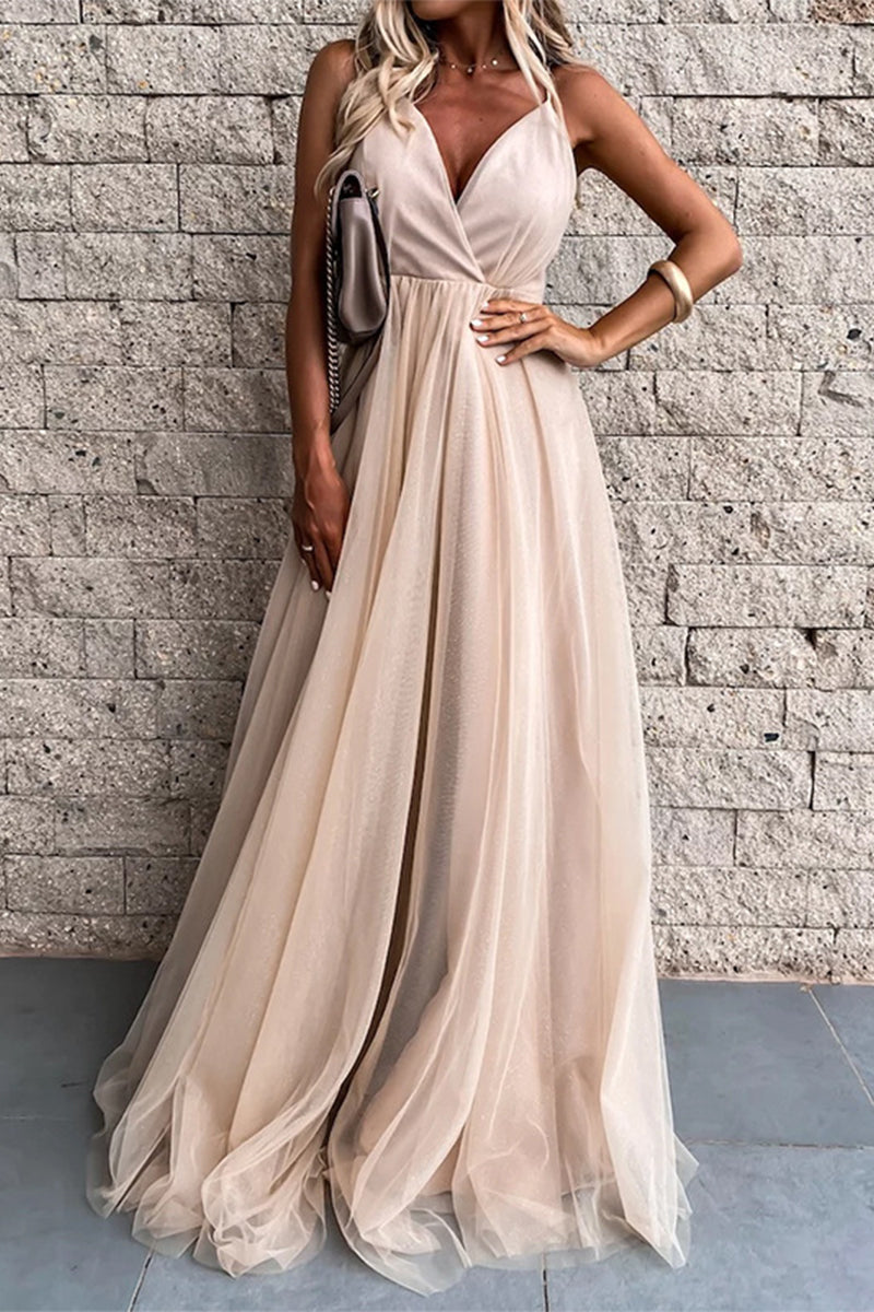 Sexy Formal Solid Mesh V Neck Evening Dress Dresses - VelvetHem