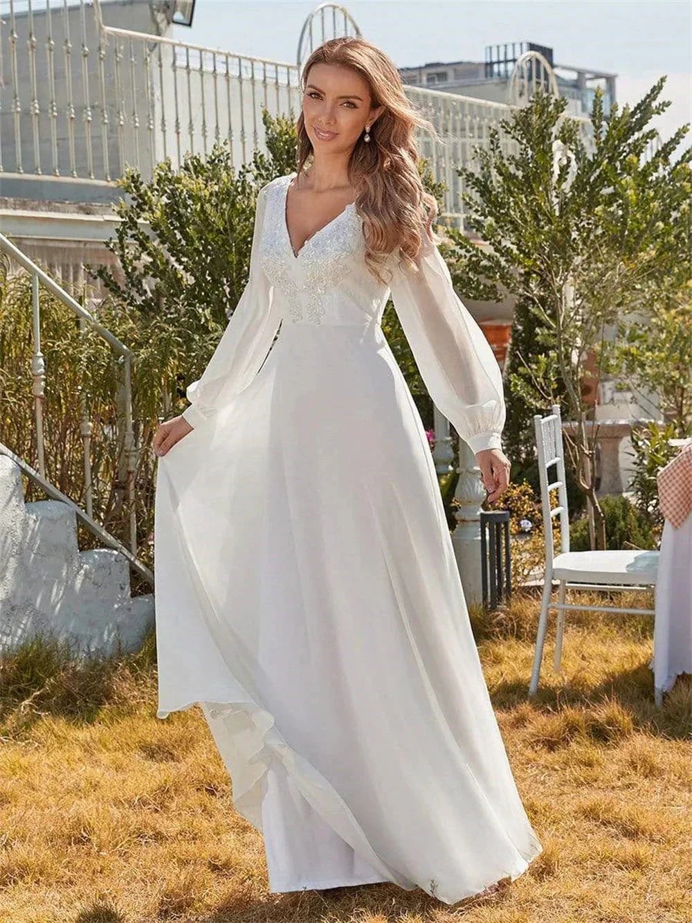 Classic Appliques 3D Flower Wedding Dress Simple Deep V-neck Long Sleeve Bridal Gown Beach Vestidos De Novia (ZD13443)