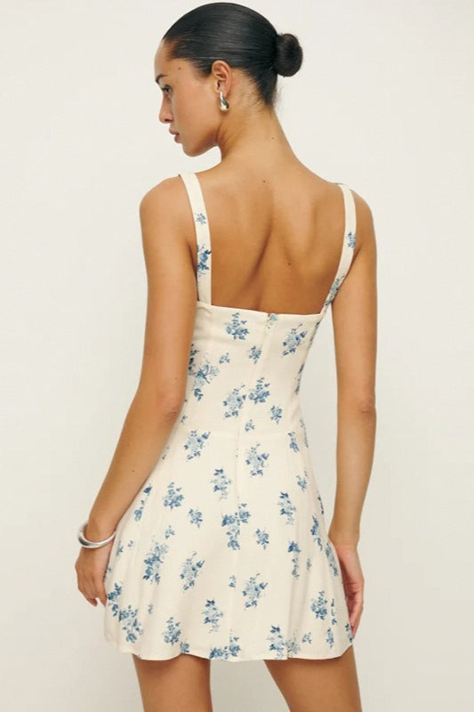 Square Neck Backless ALine Mini Floral Dress