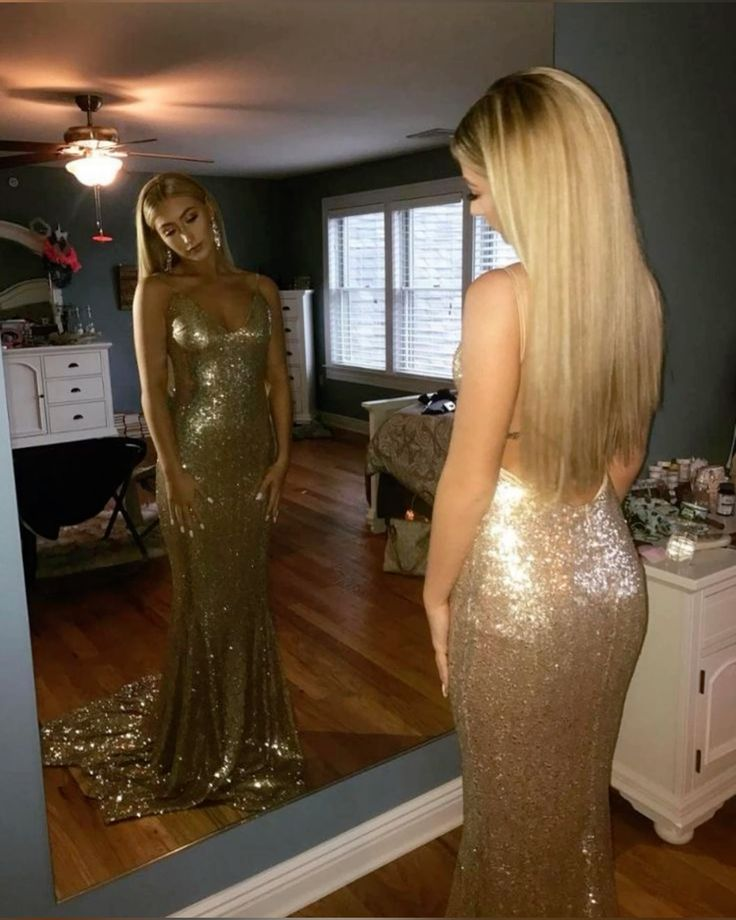 Sexy Mermaid Long Prom Party Dress Backless Gold Evening Dress - VelvetHem