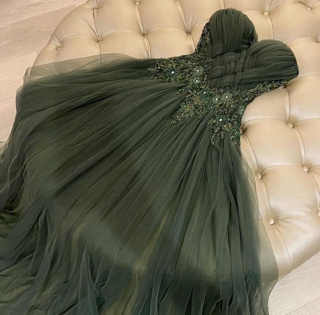 Dark Green Tulle Long Prom Dress Beaded Evening Dress - FashionDia