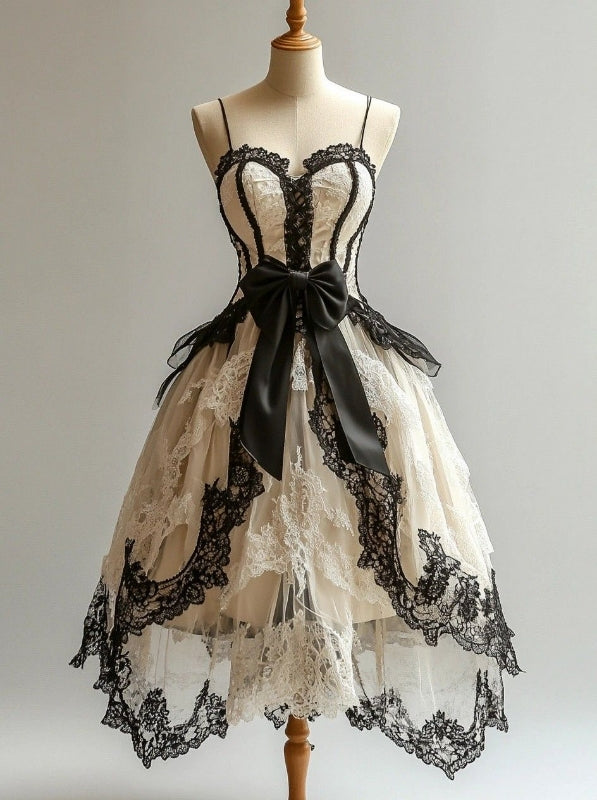 Spaghetti Straps A-Line Vintage Birthday Dress Lace Evening Dress