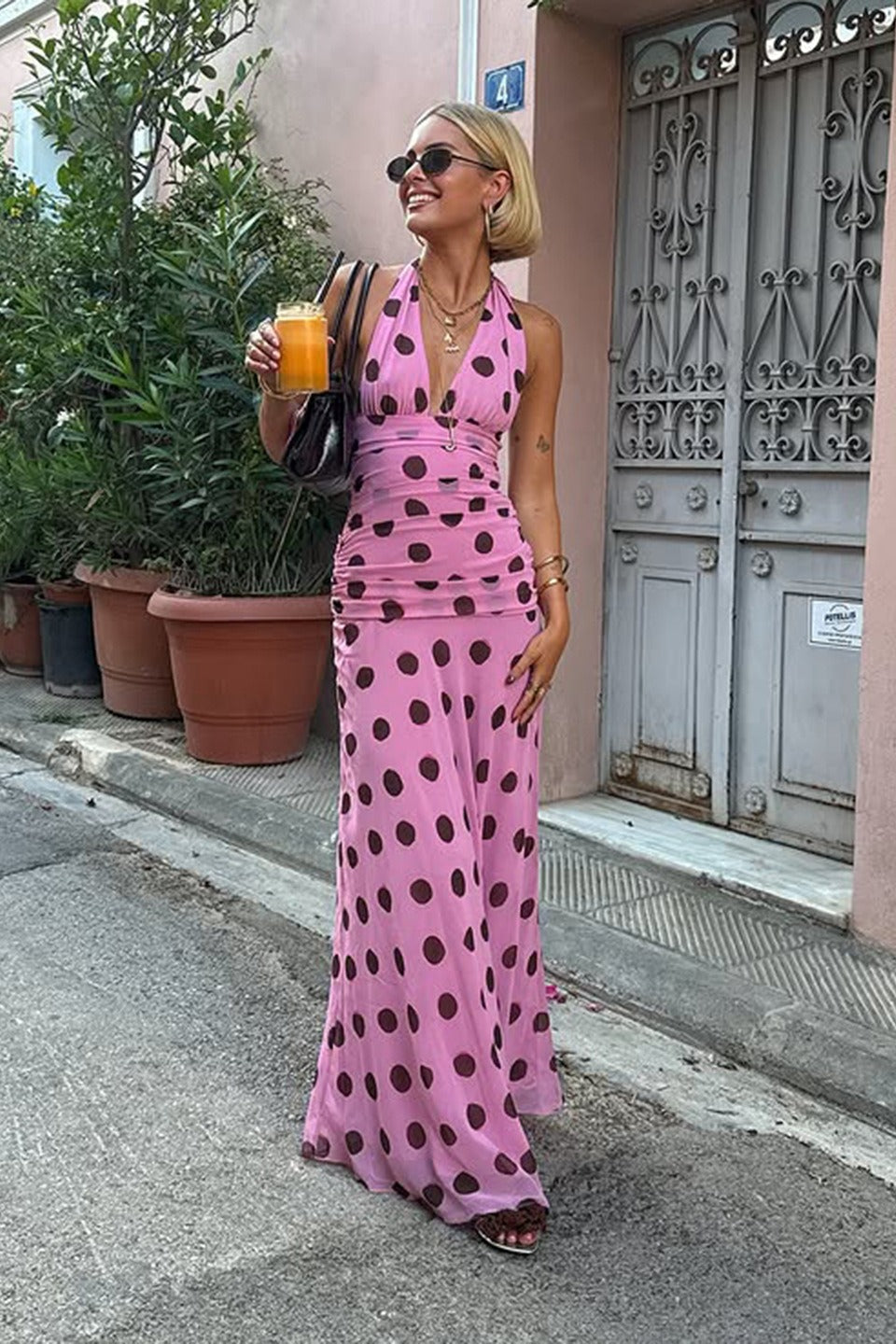 Polka Dot Halter V-Neck Color Block Bodycon Maxi Dress - View 2 | VelvetHem