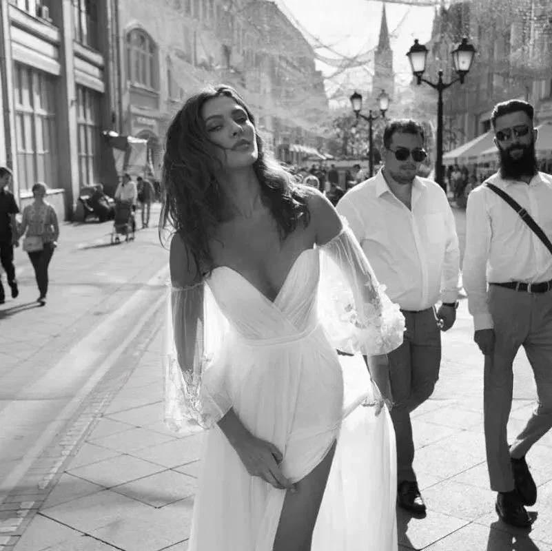 Custom Made Boho Wedding Dress Chiffon Lace Vintaging Gowns Split Side Sexy Beach Bridal Dressee Wedds Cheap Mariage (ZD14098)