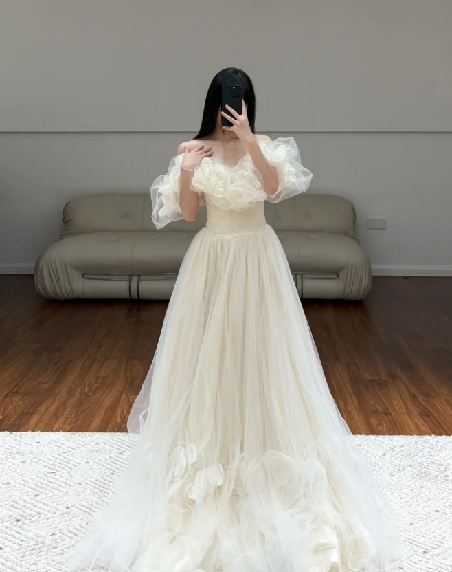 Off The Shoulder A Line Prom Dress Beige Tulle Birthday Dress