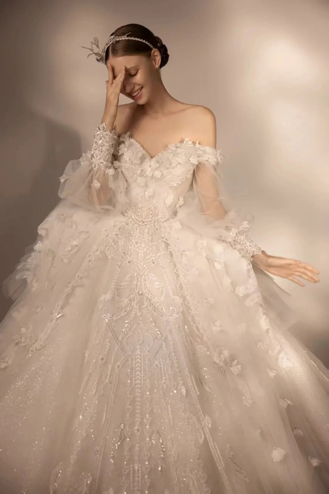 Gorgeous Long Ball Gown Off-the-Shoulder Tulle Wedding Dress with 3D Floral & Crystal Embroidery & Cathedral Train (ZD16910)