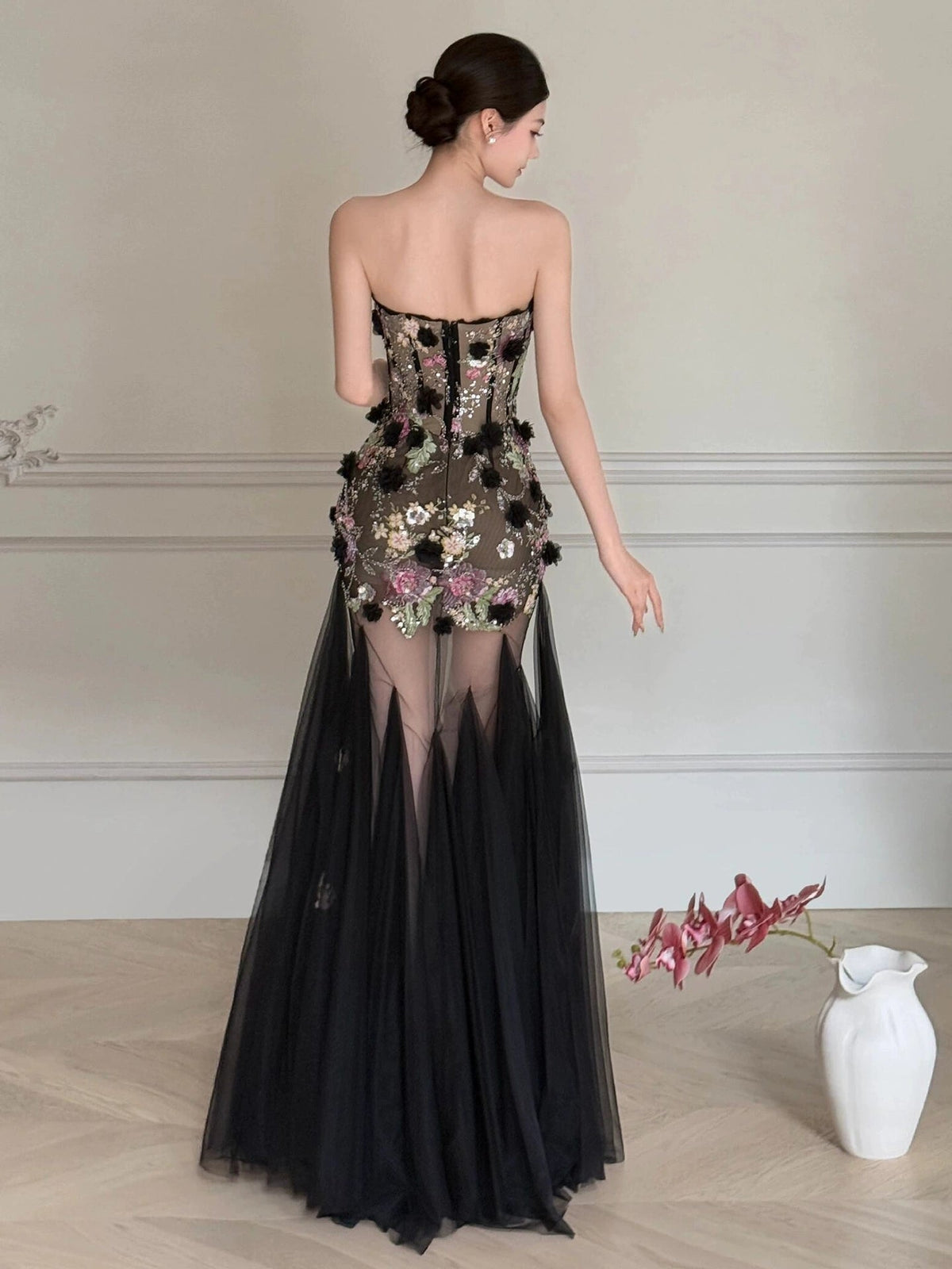 Black Long Prom Dress With Flowers Formal Evening Party Dress Birthday Outfit - View 2 | VelvetHem