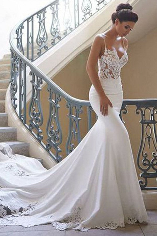 Bmbridal Spaghetti-Straps Lace Wedding Dress Mermaid Sleeveless (ZD17410)